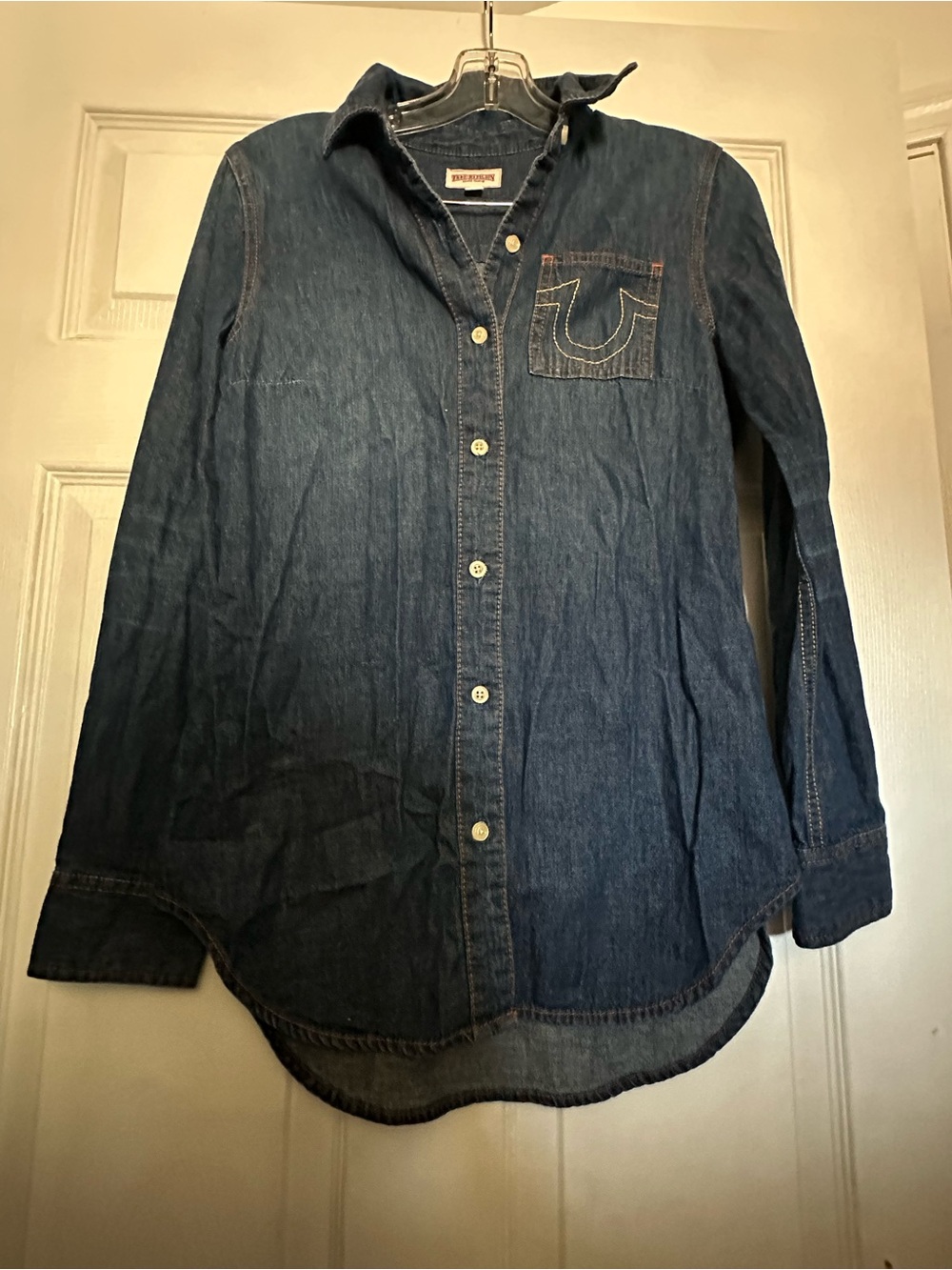 True Religion Indigo Denim Button-Up Shirt with Contrast Stitching